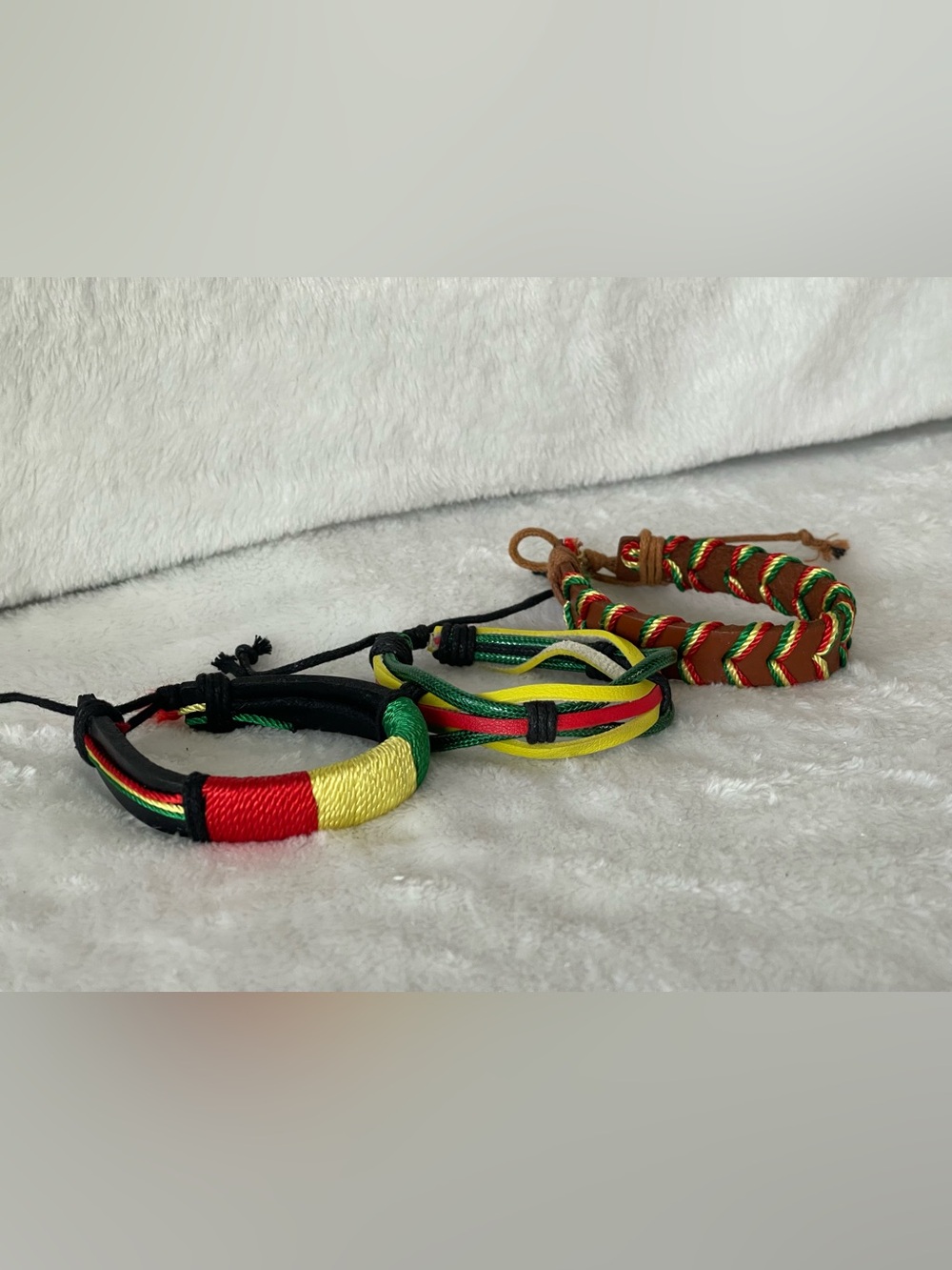 Boho Rasta handmade bracelets, red gold, green, black leather